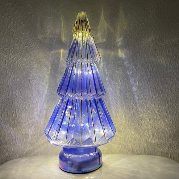 Illuminated Glass Christmas Tree 13.25in Blue & Gold Chic LED Holiday Decor New - Picture 13 of 15